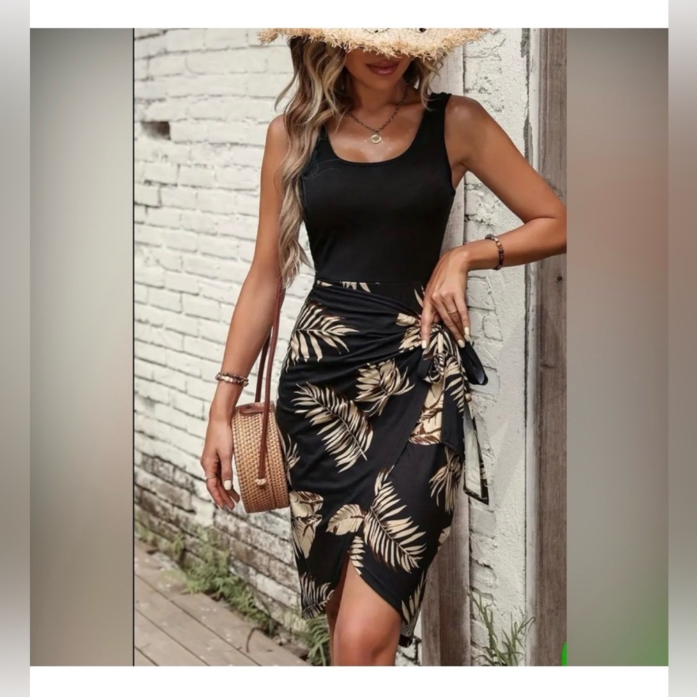 Women’s Black and Tan Tropical Print Dress Size Medium NEW